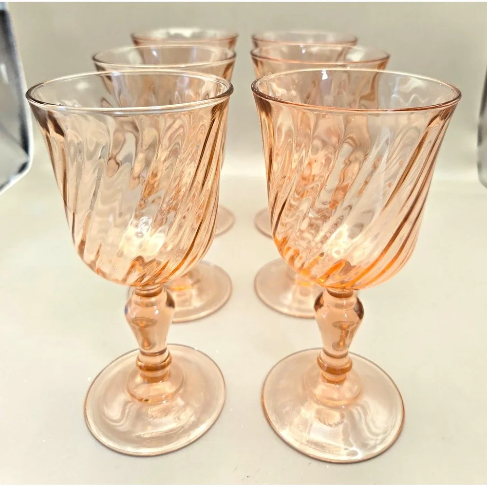 Vintage Pink Swirl Fluted Wine Glasses 6 French Luminarc Rosaline 1970's B#37